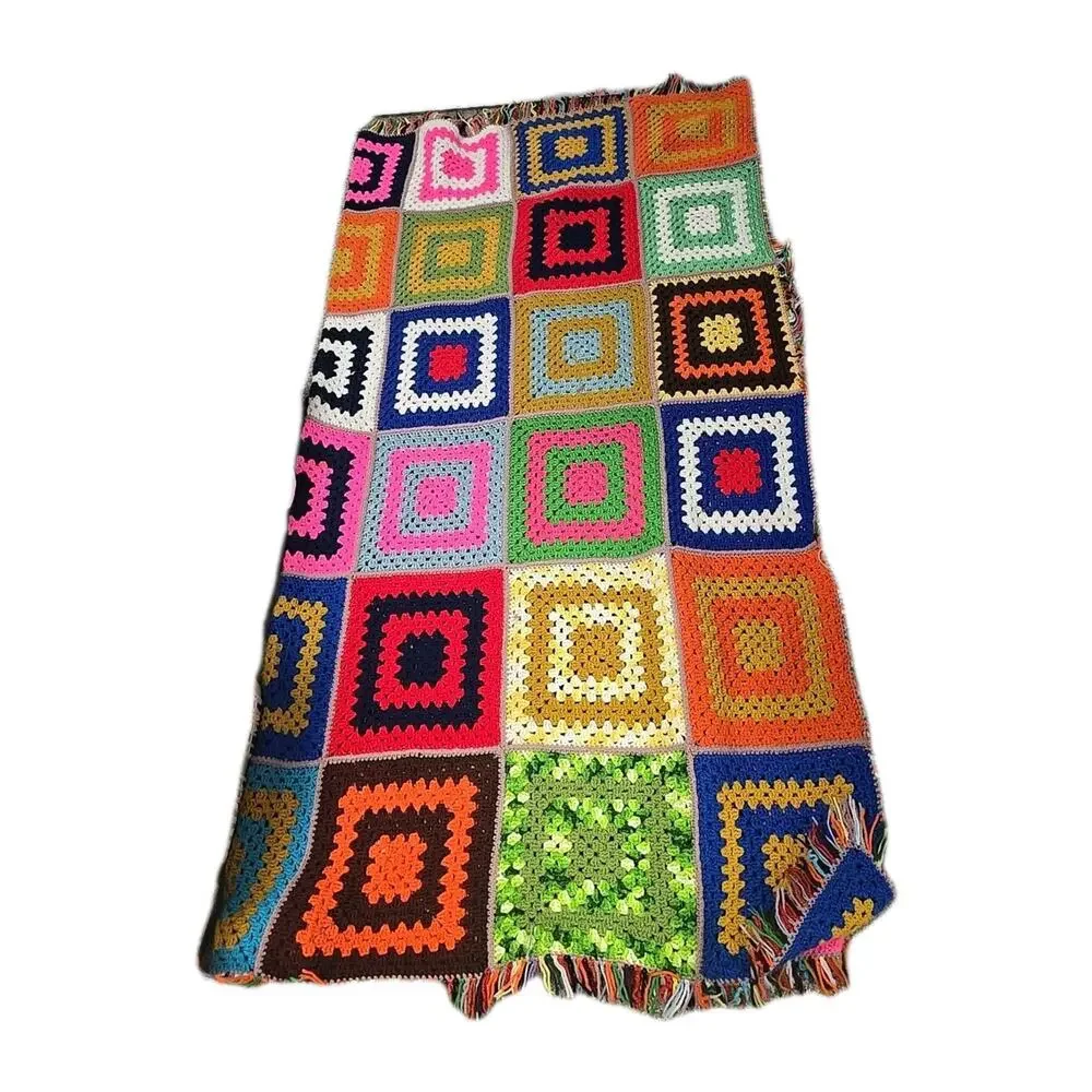 Vtg Handmade Multicolor‎ Crochet Granny Square Home Decor Afghan Blanket 80